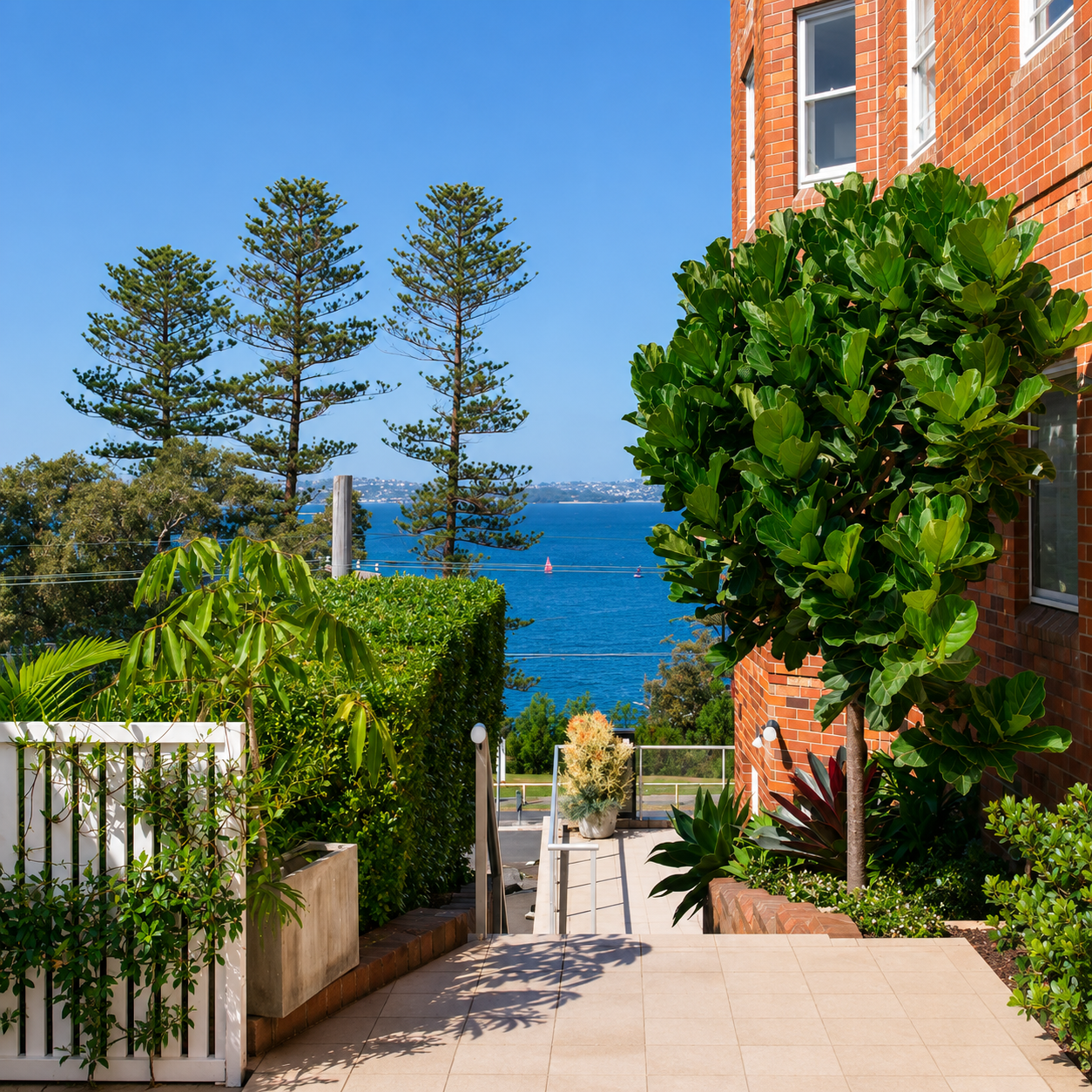 Buyers Agent Fairlight—path with greenery, red brick building, blue water and tall trees beneath a clear sky.
