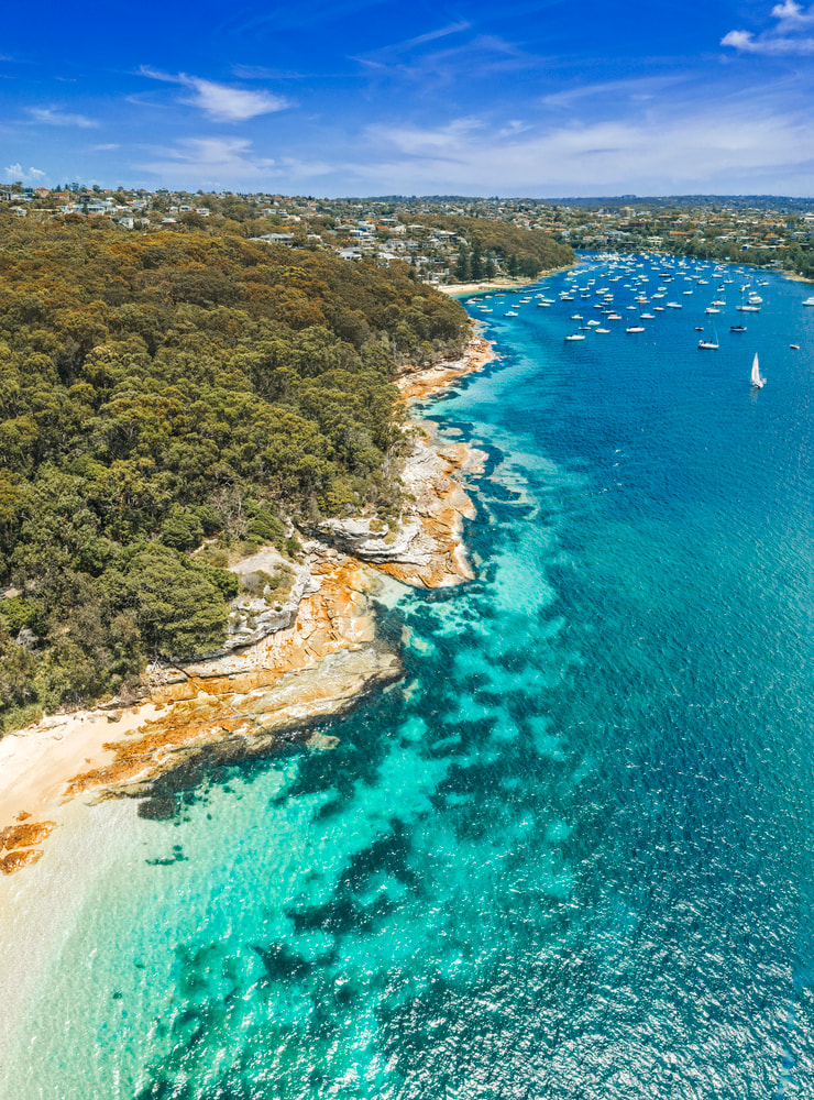 Aerial view of North Harbour coastal area with rocky shore, sandy beach, turquoise water, boats, and forests.