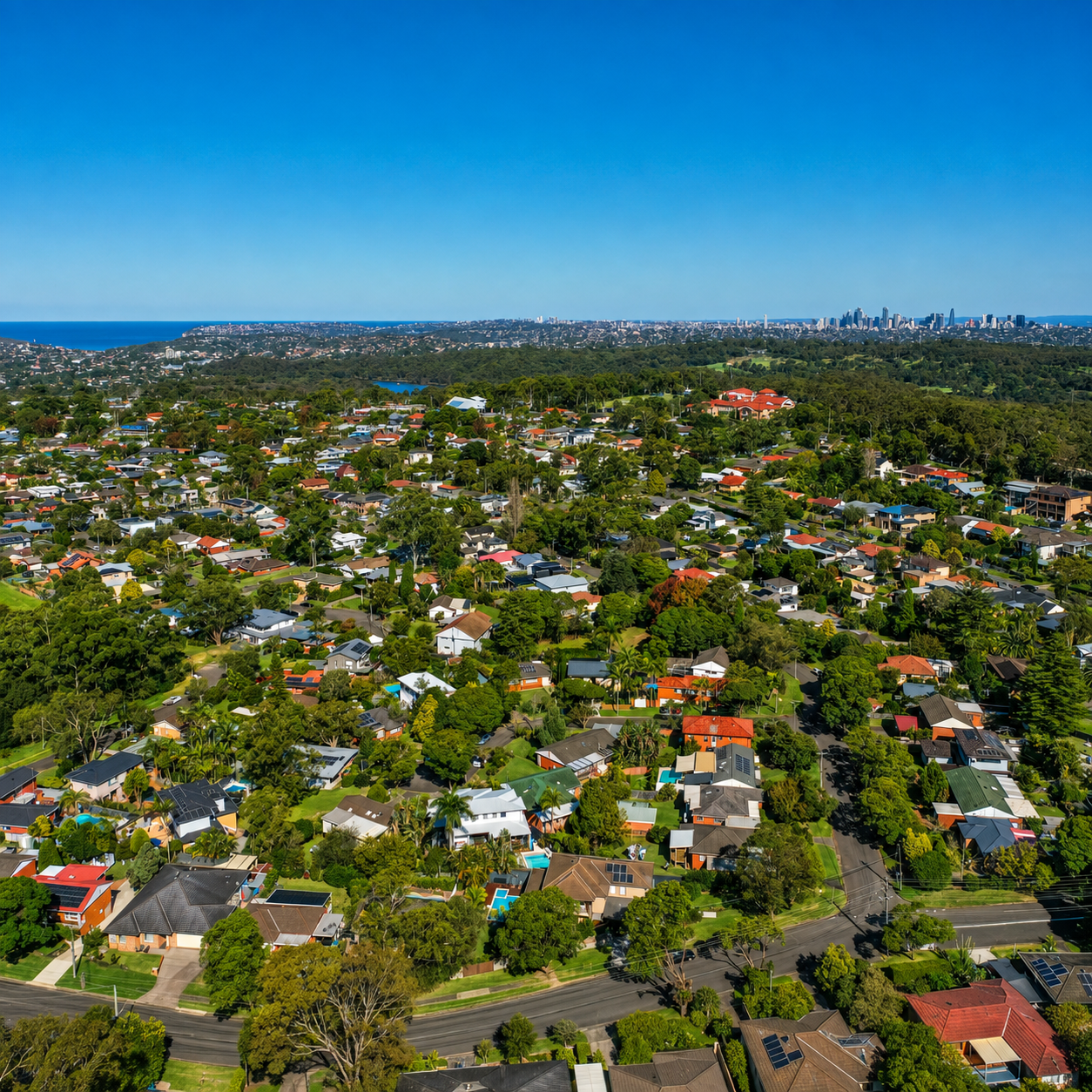 Drone photo overlooking a residential area in the northern beaches