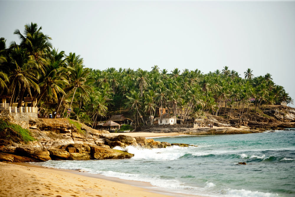Picturesque sandy beach near Curl Curl Lagoon, with ocean waves, rocky shore, palm trees, and clear sky.