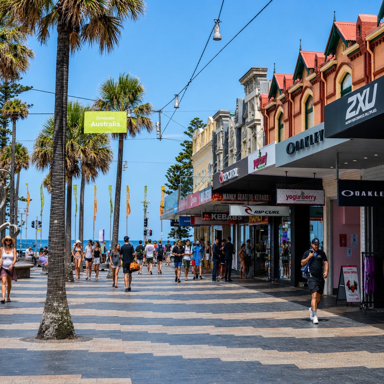 The Corso in Manly showing a pedestrian mall lined with surf shops